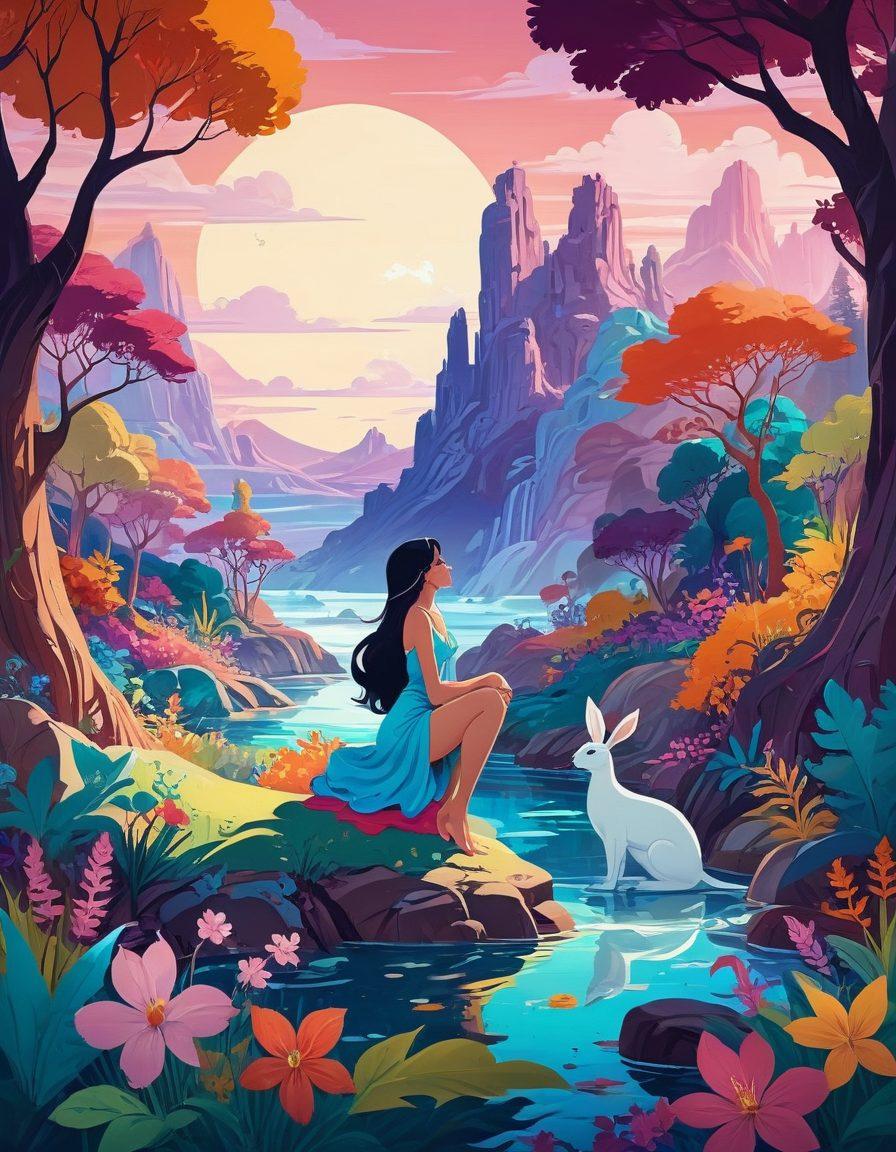 A surrealistic animated scene featuring diverse characters in playful yet sensual poses, set against a backdrop of whimsical, colorful landscapes. Stylized, exaggerated features add to the playful essence, with subtle hints of erotic art elements woven into the scenery. Include dynamic motion lines to evoke a sense of fluidity and connection among the characters. The color palette should be rich and vibrant, illuminated with soft, warm lighting to create an inviting atmosphere. seamless blend of cartoon style and modern art influences. vibrant colors. fantasy art.